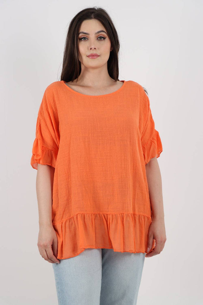 ITALIAN LAGENLOOK RUFFLE HEM COTTON TOP: ORANGE