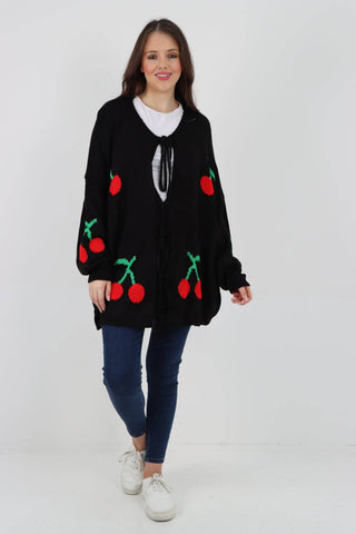 ITALIAN TRIPLE TIE FRONT CHERRY PRINT CARDIGAN: BLACK