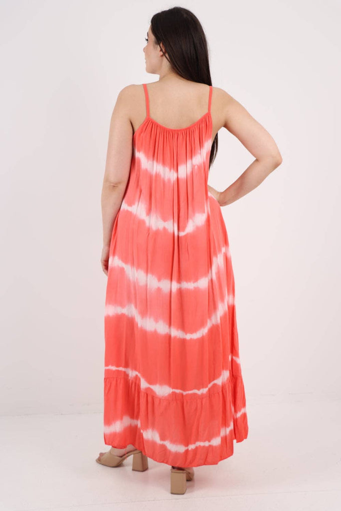 ITALIAN TIE DYE PRINT RUFFLE HEM SUN DRESS: CORAL