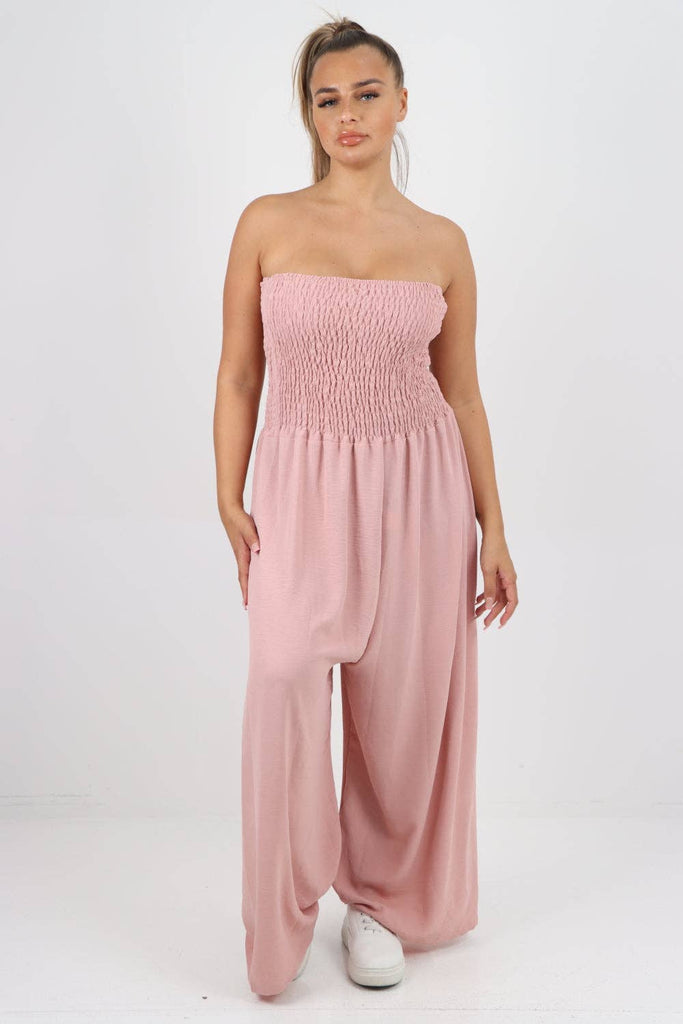 ITALIAN SHIRRED ELASTICATED WIDE LEG JUMPSUIT: BEIGE