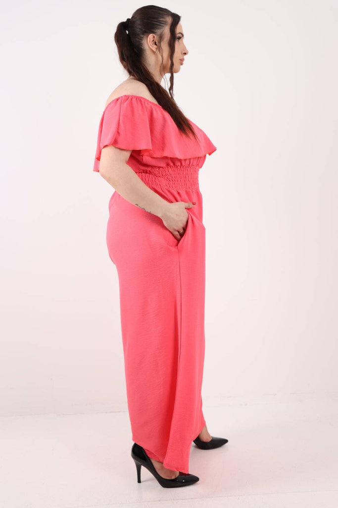 ITALIAN BARDOT OVERLAY SHIRRED ELASTICATED WAIST JUMPSUIT: BRIGHT PINK