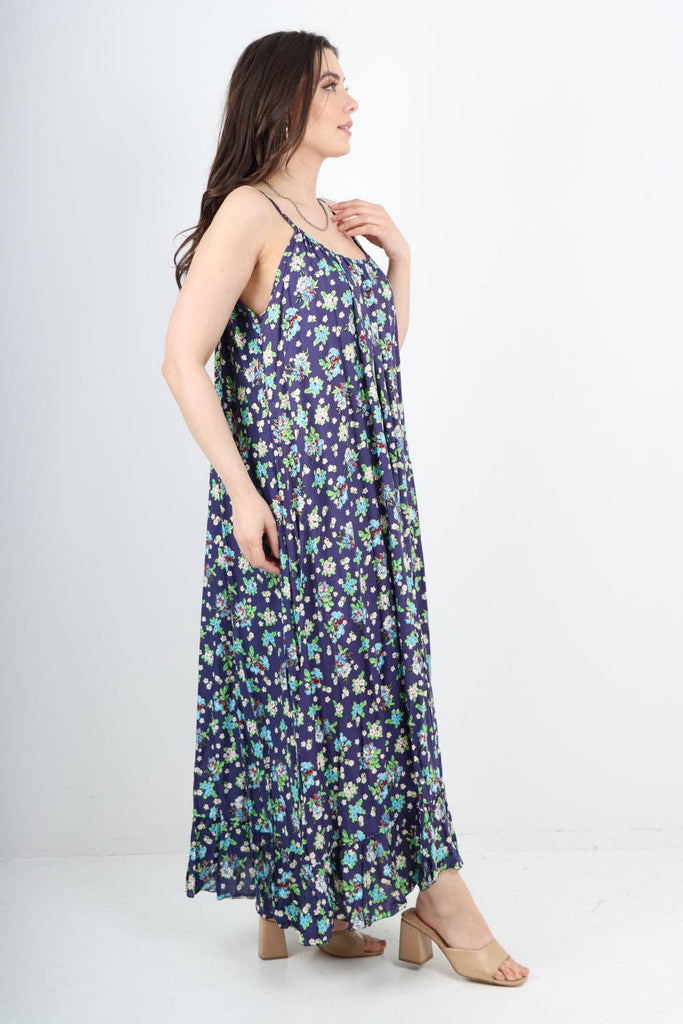 ITALIAN SMALL FLORAL PRINT  FRILL BOTTOM SLEEVELESS VEST SUN DRESS: APPLE GREEN