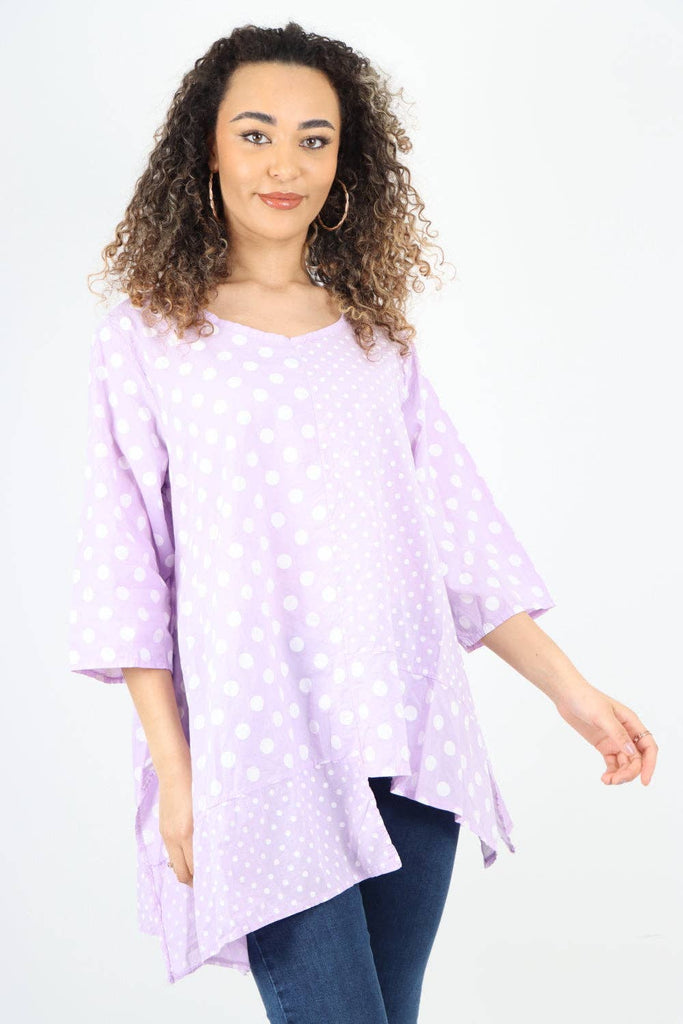 ITALIAN POLKA DOT PRINT ASYMMETRIC COTTON TUNIC TOP: GREY