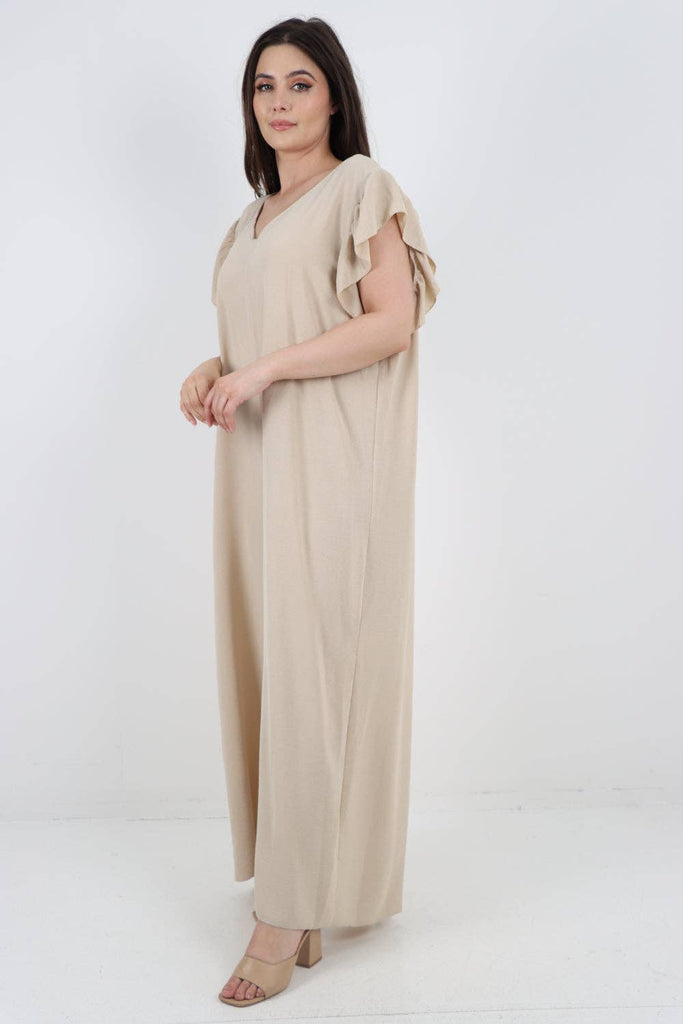 ITALIAN RUFFLED SLEEVE BACK TIE OPEN WIDE LEG JUMPSUIT: BEIGE