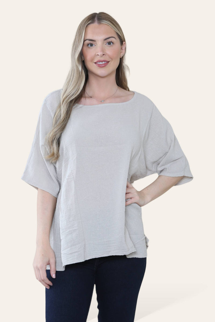 PURE COTTON PLAIN BASIC TOP WITH RUCHED SIDES: PINK