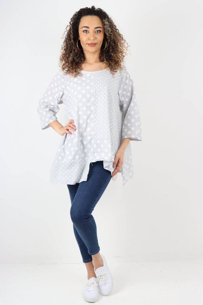 ITALIAN POLKA DOT PRINT ASYMMETRIC COTTON TUNIC TOP: GREY