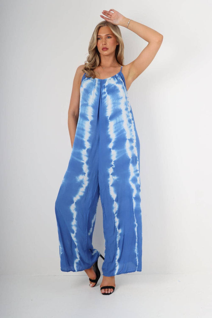 ITALIAN TIE DYE PRINT JUMPSUITS: ROYAL BLUE / ONE SIZE TO FIT UK 8-18