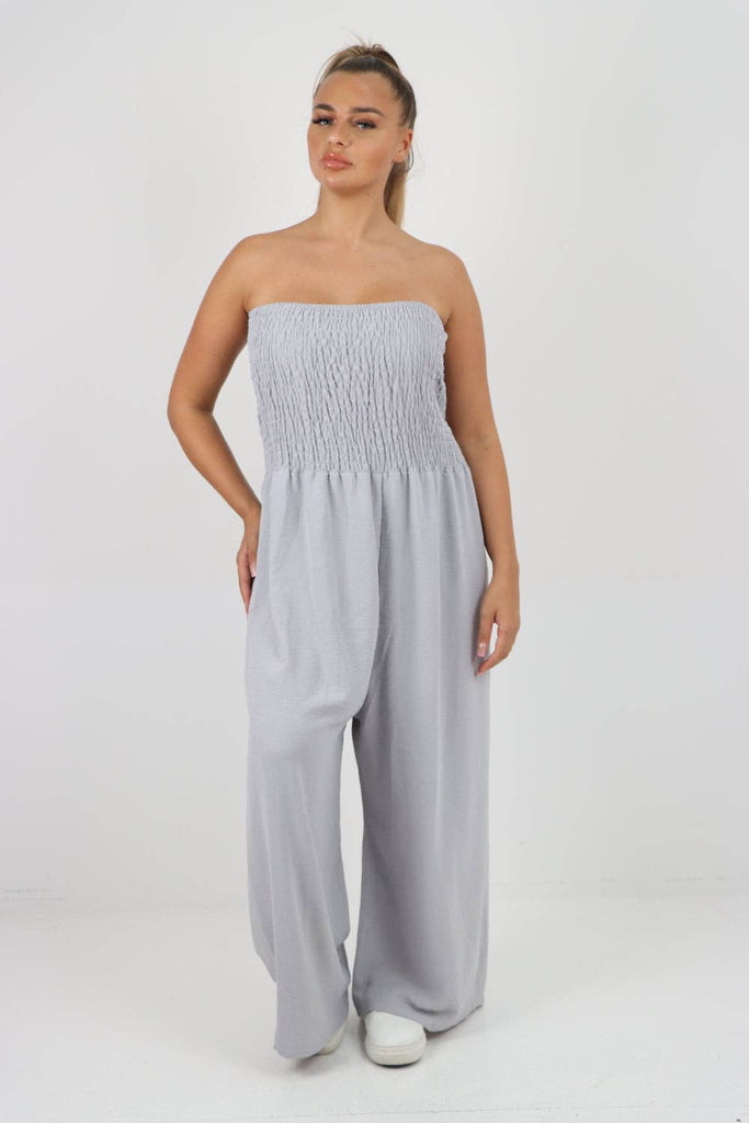 ITALIAN SHIRRED ELASTICATED WIDE LEG JUMPSUIT: BEIGE