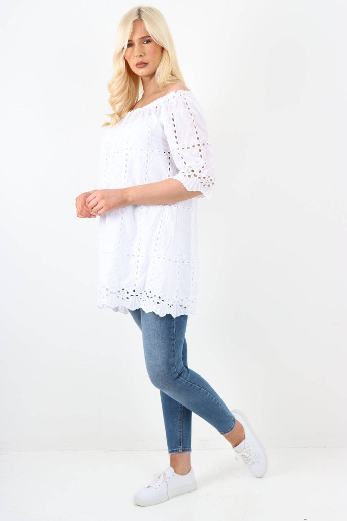 ITALIAN BARDOT WHITE COTTON HALF SLEEVE TUNIC TOP: WHITE