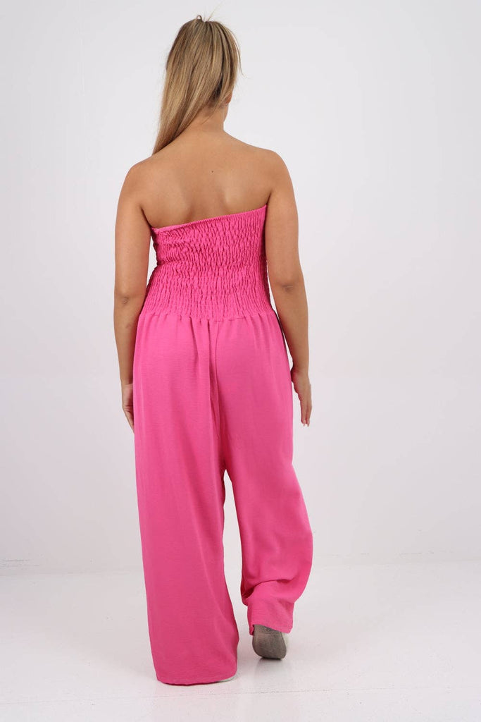 ITALIAN SHIRRED ELASTICATED WIDE LEG JUMPSUIT: BEIGE