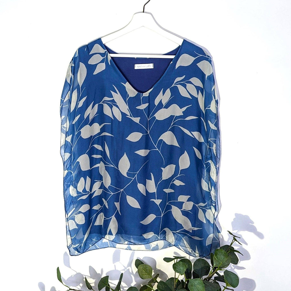 BOXY SILK TOP WITH CONTRAST DIGITAL LEAF PRINT