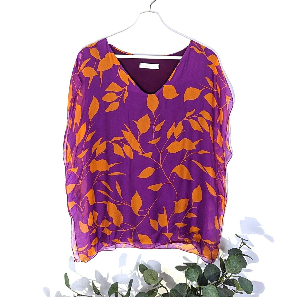 BOXY SILK TOP WITH CONTRAST DIGITAL LEAF PRINT