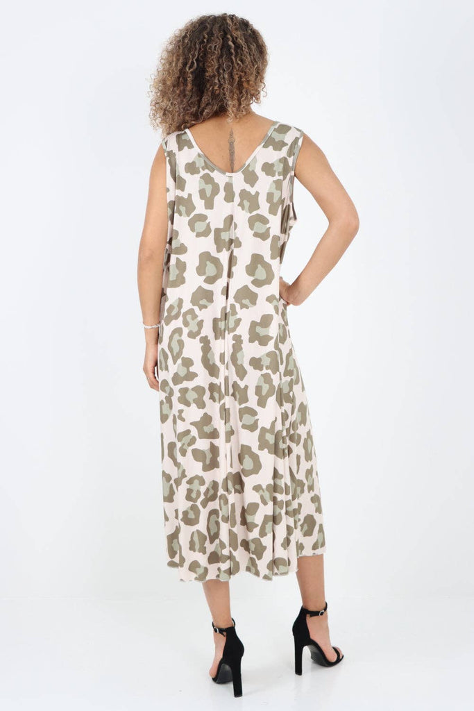 ITALIAN ANIMAL PRINTED SLEEVELESS VEST MIDI DRESS: KHAKI / ONE SIZE TO FIT UK 8-16