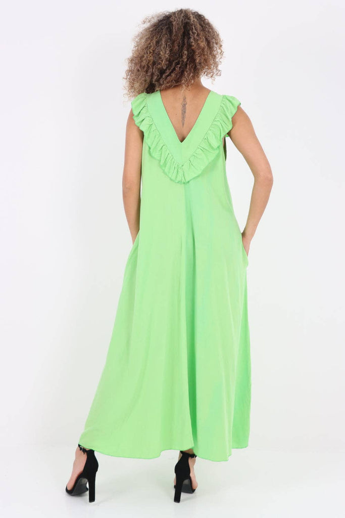 ITALIAN FRILL V NECK SIDE POCKETS MAXI DRESS: PINK / ONE SIZE TO FIT UK 8-18