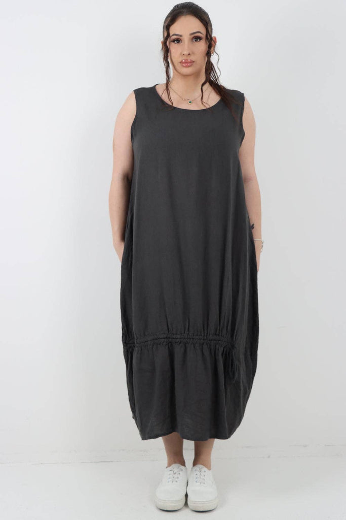 ITALIAN OVERSIZED BLEND PULL TIE COCOON SLEEVELESS DRESS: NAVY