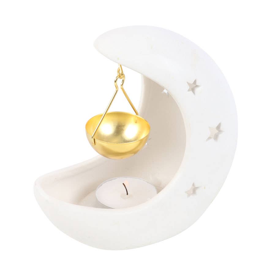 WHITE CRESCENT MOON OIL BURNER WITH METAL DISH