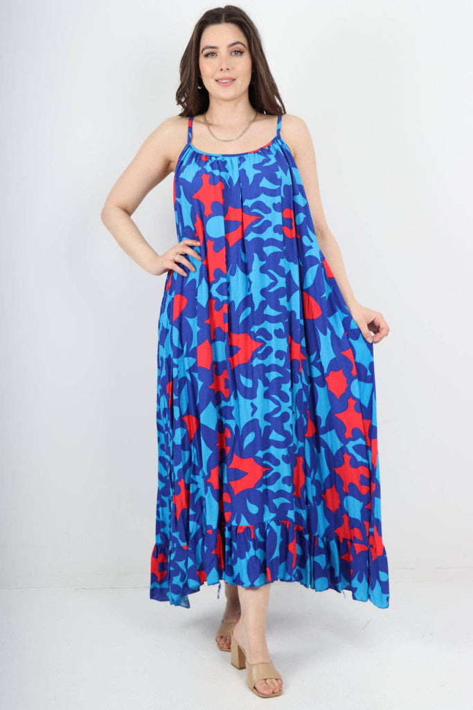 ITALIAN MULTI PATTERN PRINT  FRILL BOTTOM SLEEVELESS VEST SUN DRESS: ROYAL BLUE