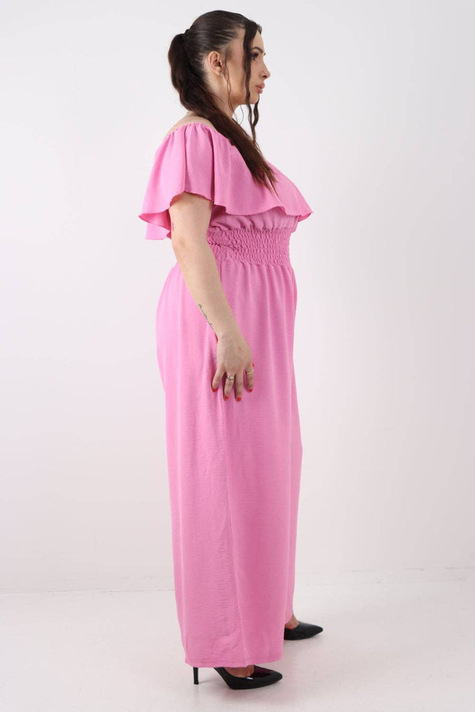 ITALIAN BARDOT OVERLAY SHIRRED ELASTICATED WAIST JUMPSUIT: BRIGHT PINK