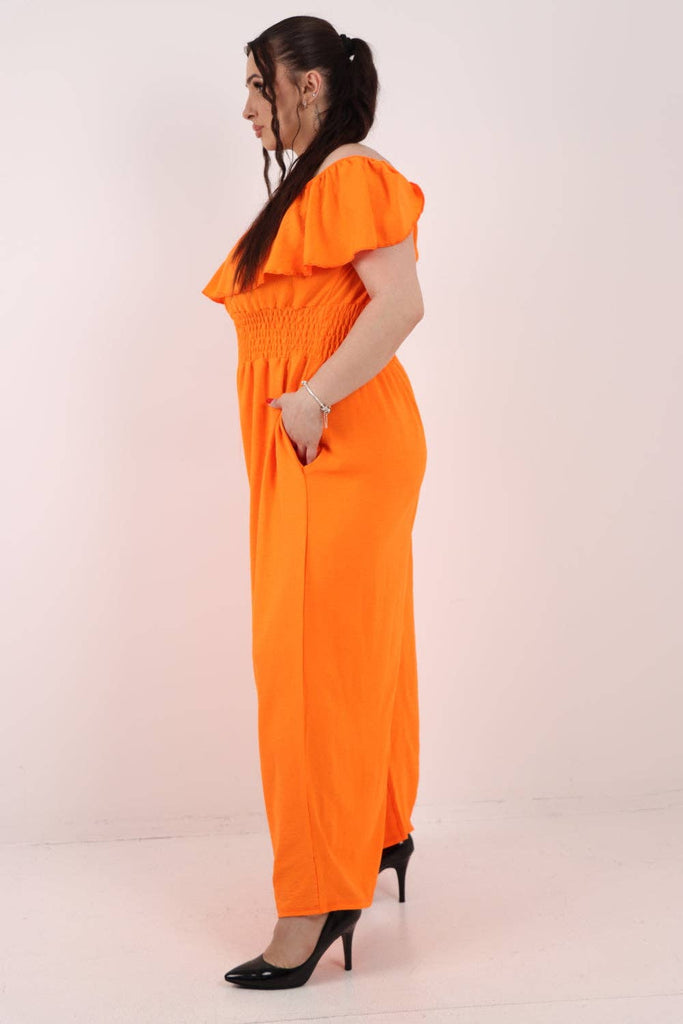 ITALIAN BARDOT OVERLAY SHIRRED ELASTICATED WAIST JUMPSUIT: BRIGHT PINK