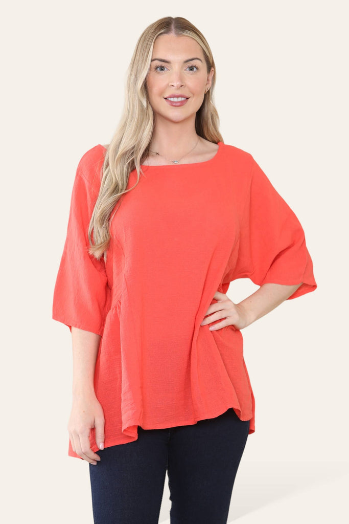 PURE COTTON PLAIN BASIC TOP WITH RUCHED SIDES: PINK