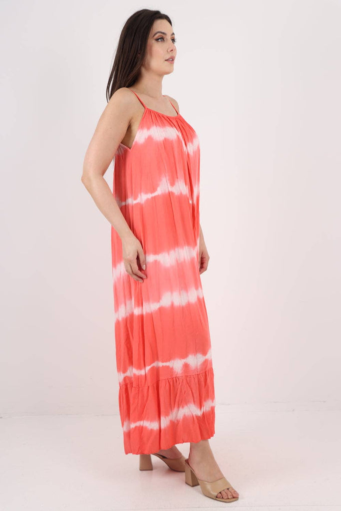 ITALIAN TIE DYE PRINT RUFFLE HEM SUN DRESS: CORAL