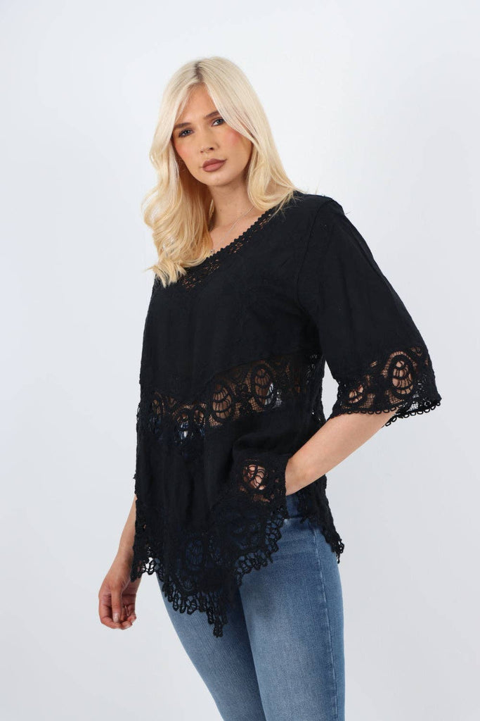 ITALIAN CROCHET LACE EMBROIDERED ASYMMETRICAL COTTON TOP: WHITE