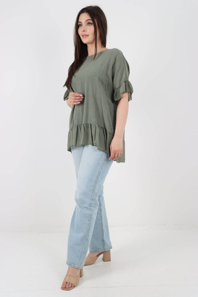 ITALIAN LAGENLOOK RUFFLE HEM COTTON TOP: DARK DENIM