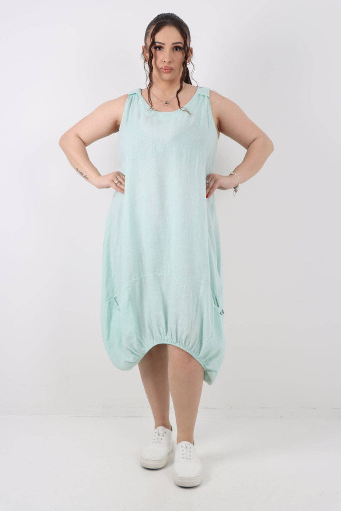 ITALIAN PLAIN BUTTON FRONT POCKETS LINEN VEST MIDI DRESS: OCEAN