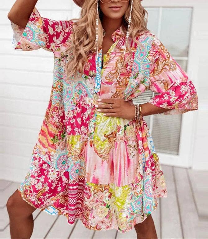 MULTI PINK FLORAL PATCHWORK SMOCK TUNIC DRESS