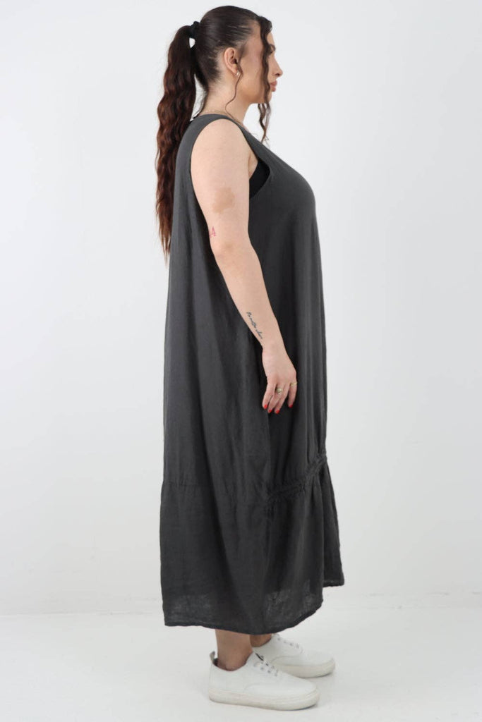 ITALIAN OVERSIZED BLEND PULL TIE COCOON SLEEVELESS DRESS: NAVY