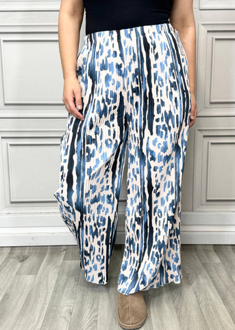 MULTI PRINT SUPER STRETCHY PLEATED PANTS : NAVY BLUE