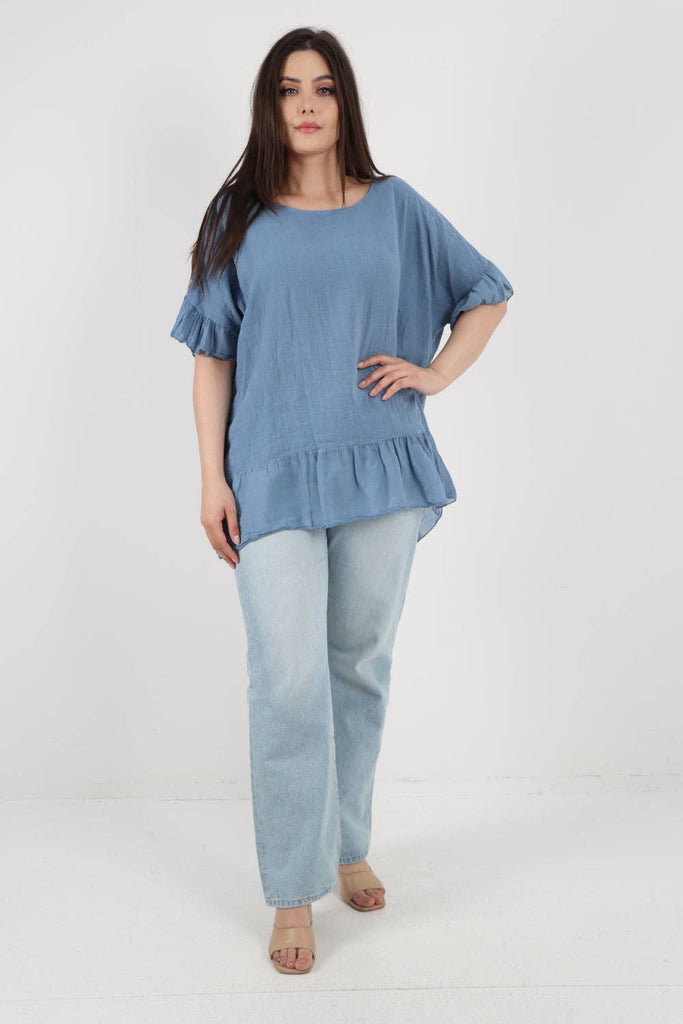 ITALIAN LAGENLOOK RUFFLE HEM COTTON TOP: DARK DENIM