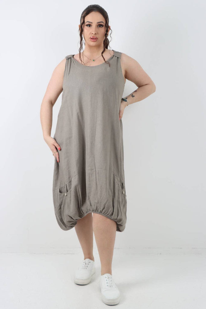 ITALIAN PLAIN BUTTON FRONT POCKETS LINEN VEST MIDI DRESS: DARK GREY