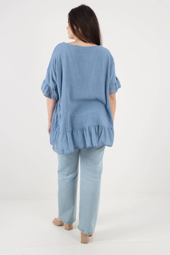 ITALIAN LAGENLOOK RUFFLE HEM COTTON TOP: DARK DENIM