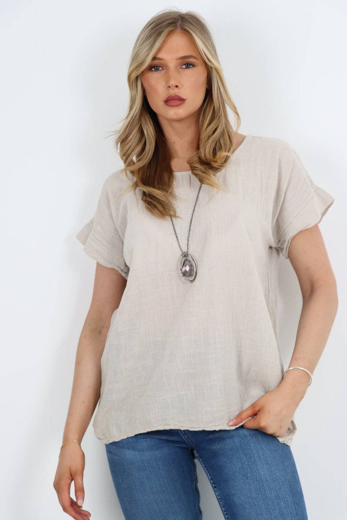 ITALIAN SHORT SLEEVE COTTON NECKLACE TOP: CORAL