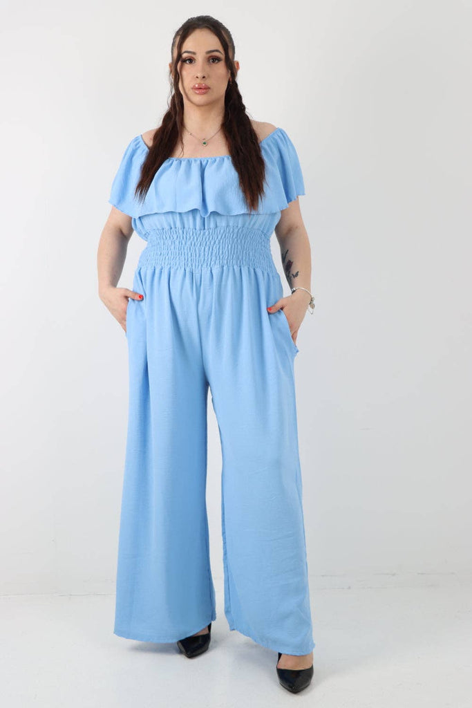 ITALIAN BARDOT OVERLAY SHIRRED ELASTICATED WAIST JUMPSUIT: SKY BLUE