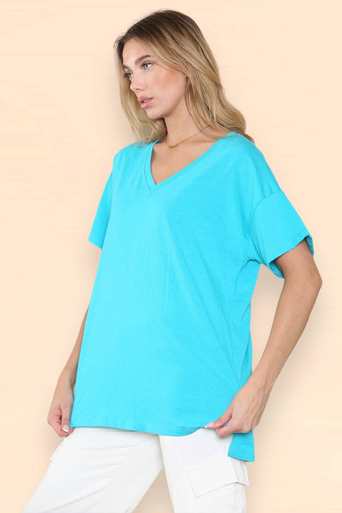 OVERSIZED HIGH LOW V NECK BASIC COTTON T-SHIRT: AQUA BLUE