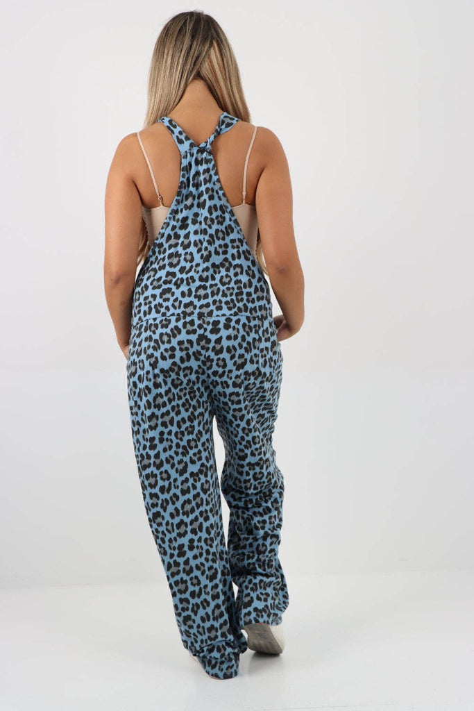 ITALIAN LEOPARD PRINT COTTON SLEEVELESS DUNGAREES: DENIM