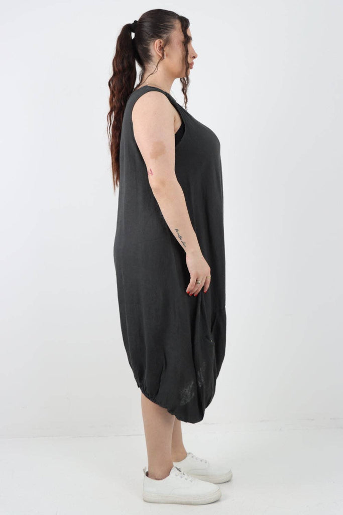 ITALIAN PLAIN BUTTON FRONT POCKETS LINEN VEST MIDI DRESS: DARK GREY