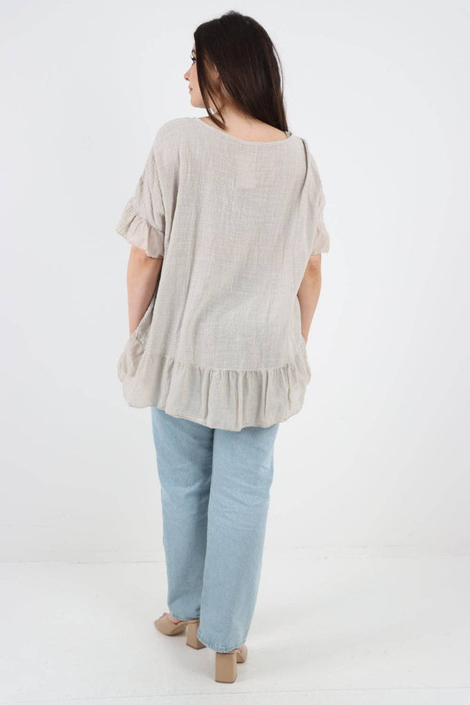 ITALIAN LAGENLOOK RUFFLE HEM COTTON TOP: DARK DENIM