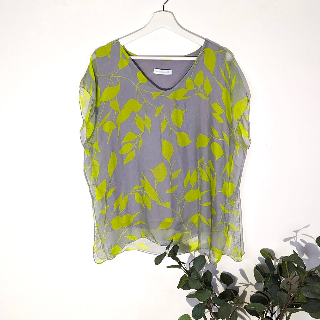 BOXY SILK TOP WITH CONTRAST DIGITAL LEAF PRINT