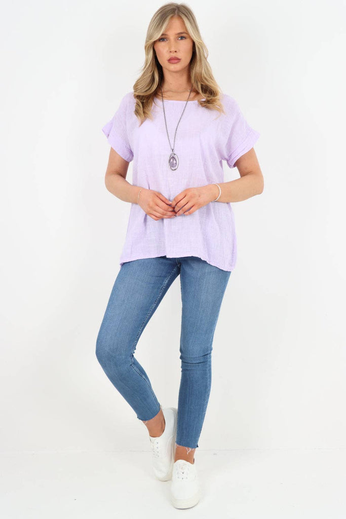 ITALIAN SHORT SLEEVE COTTON NECKLACE TOP: CORAL