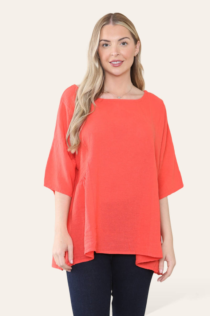 PURE COTTON PLAIN BASIC TOP WITH RUCHED SIDES: PINK