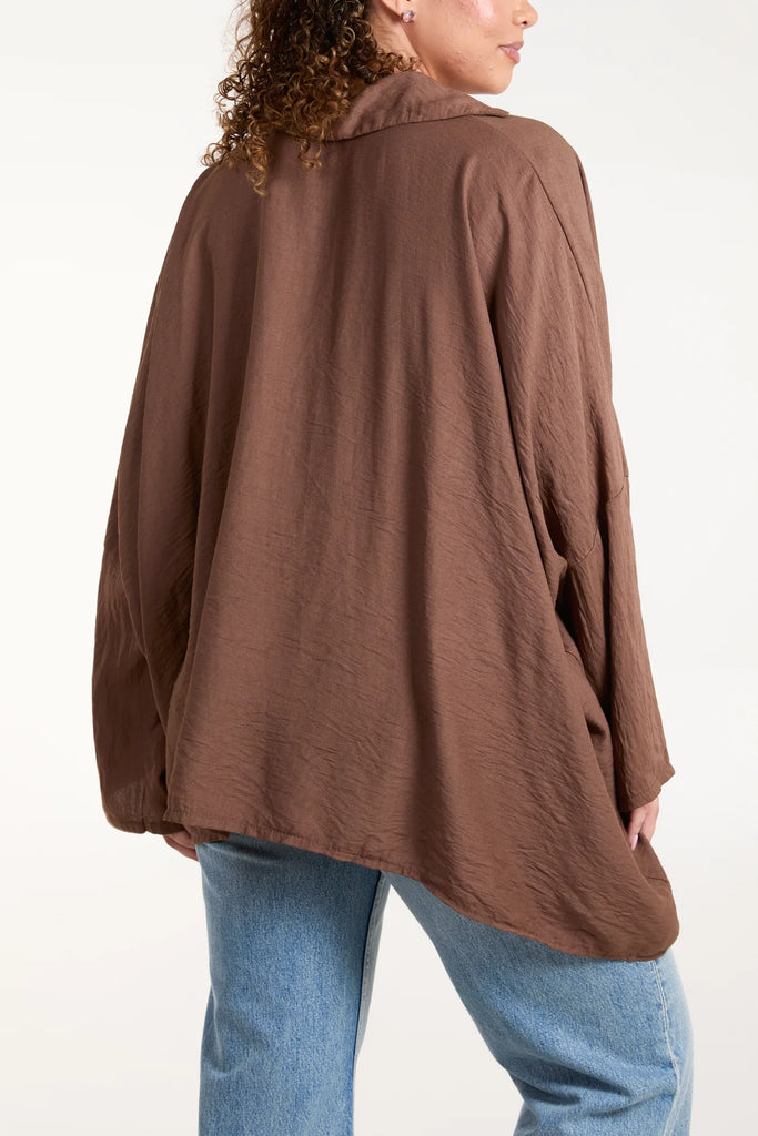 ASYMMETRIC HEM FLOATY BLOUSE - BROWN