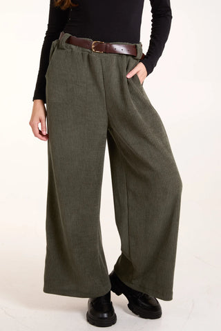 RIB KNIT STRAIGHT LEG BELTED TROUSER - KHAKI