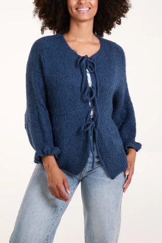 TRIPLE TIE FRONT FRILL SLEEVE CARDIGAN - DENIM