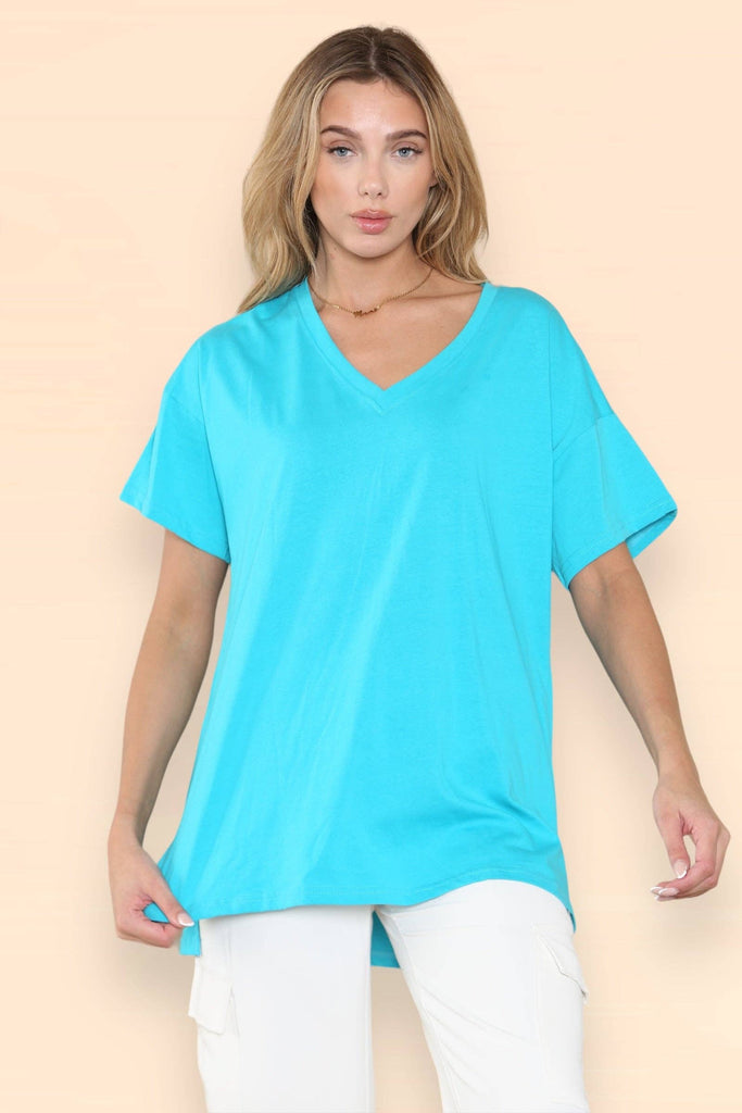 OVERSIZED HIGH LOW V NECK BASIC COTTON T-SHIRT: AQUA BLUE