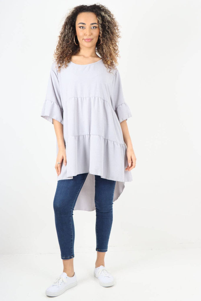 ITALIAN DIP HEM SHORT SLEEVE ROUND NECK TIERED SMOCK DRESS: GREY