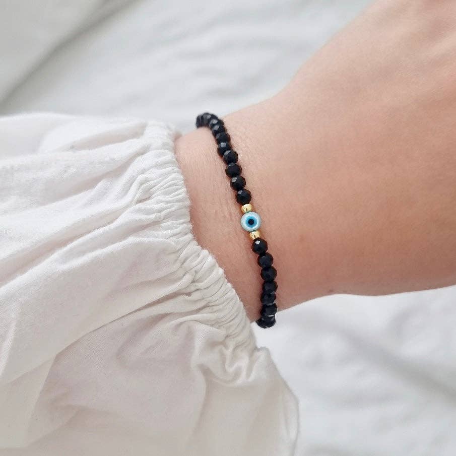 EVIL EYE BLACK TOURMALINE TINY BRACELET