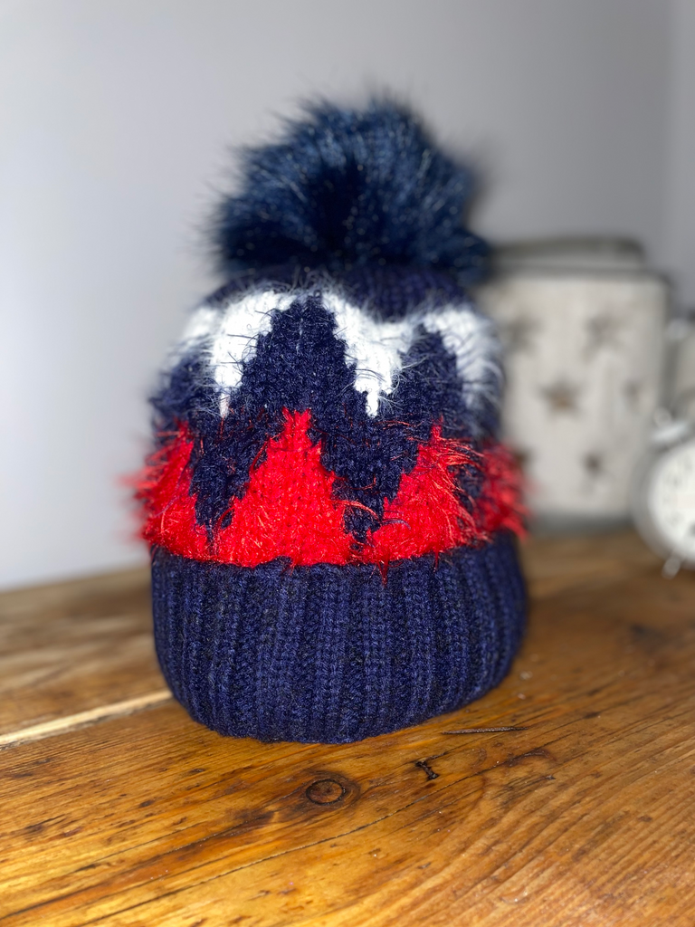 NAVY WOOL BOBBLE HAT WITH AZTEC DESIGN